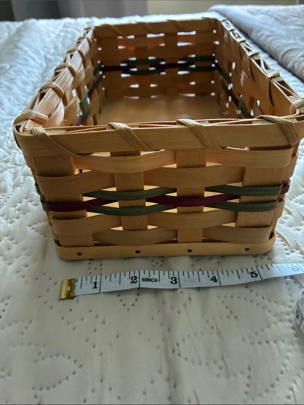 Handmade tissue Basket in Natural with Green & Red Accents